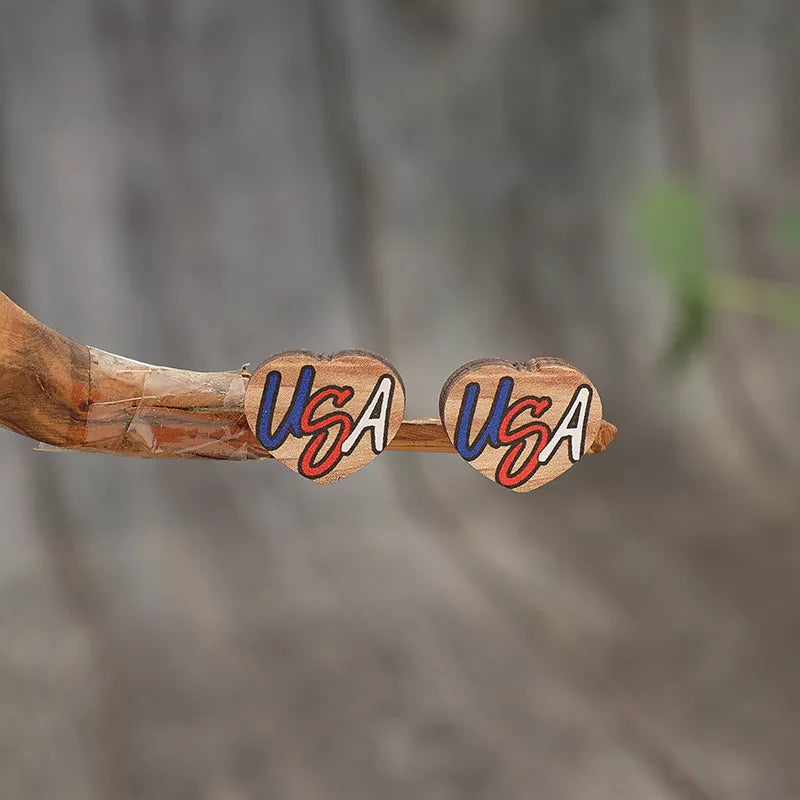 Patriotic USA Flag Wooden Heart Earrings