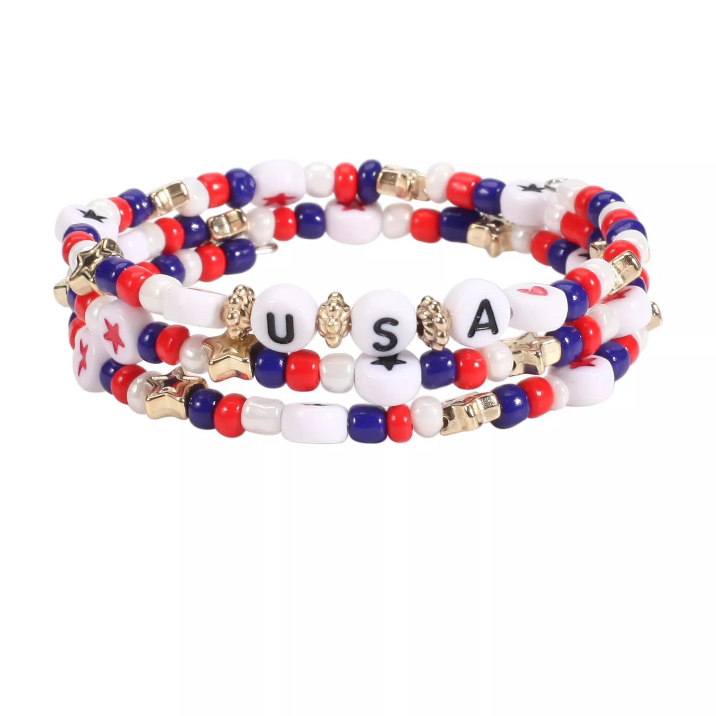 4th of July Patriotic Beaded Stretch Bracelet with American Flag Charm