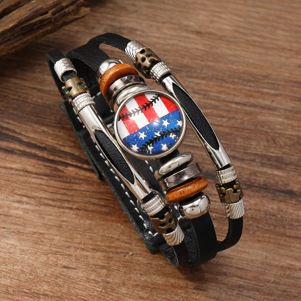 USA Flag Leather & Beaded Multilayer Bracelet for Women – Retro Classic Style