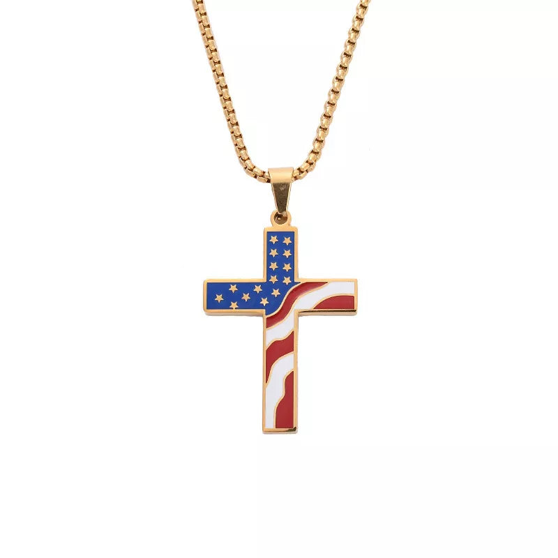 Patriotic American Flag Cross Pendant Necklace for 4th of July & Memorial Day