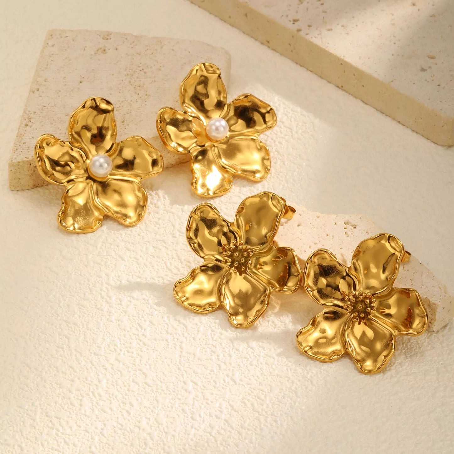 Gold Flower Pearl Stud Earrings for Women – Statement Party Jewelry Gift