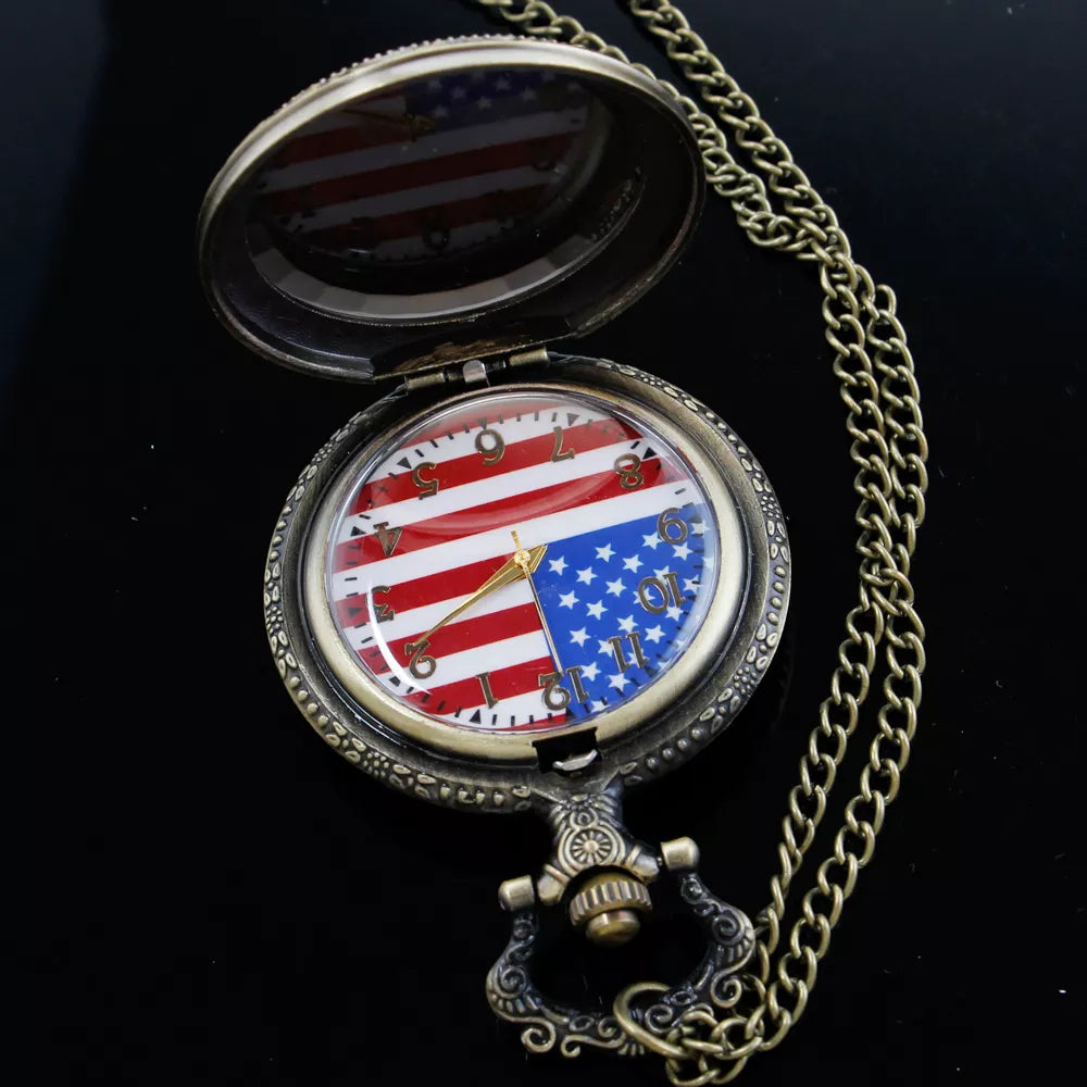 Vintage American Flag Pocket Watch Pendant with Chain – Steampunk Bronze Case