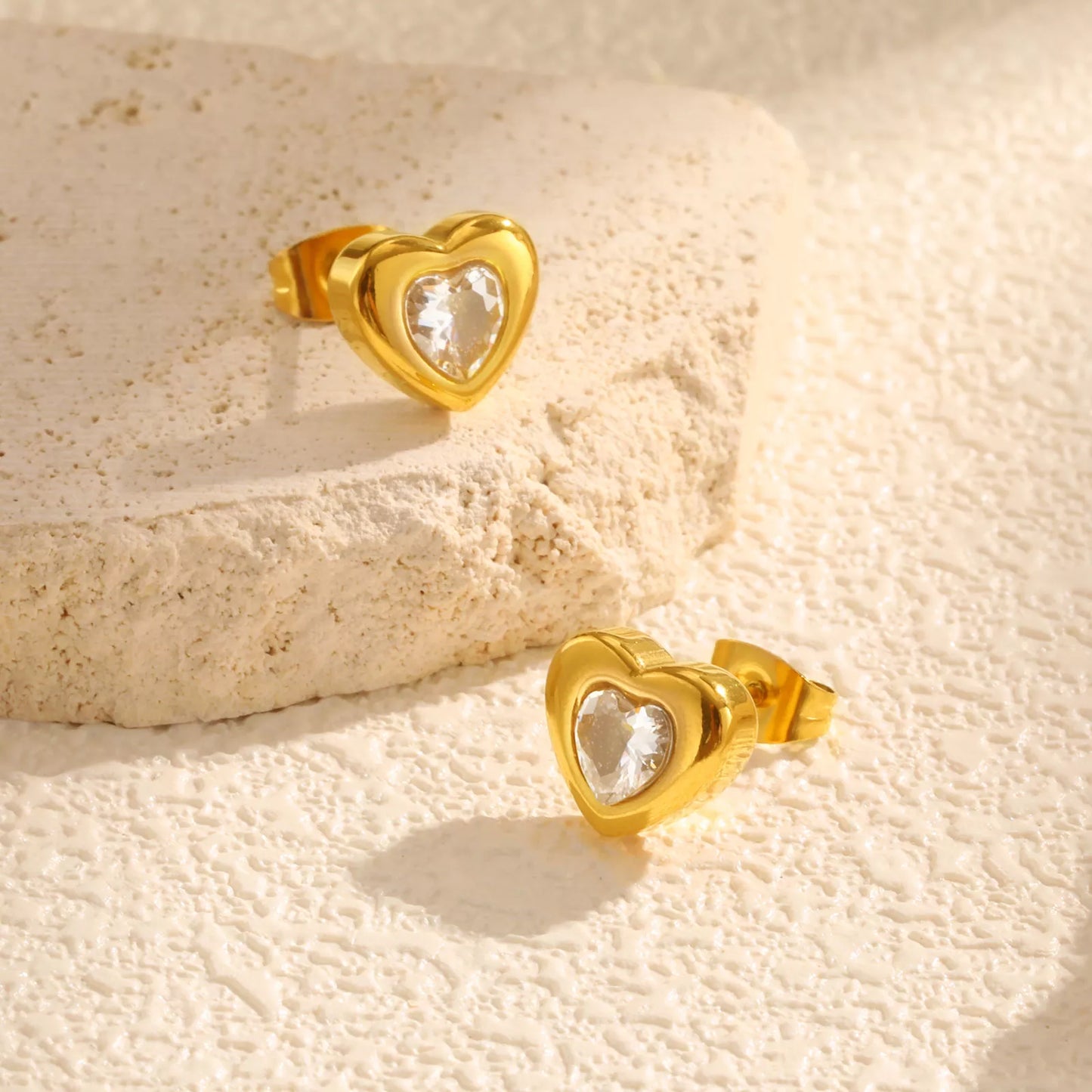 Gold Heart-Shaped Zircon Stud Earrings for Women