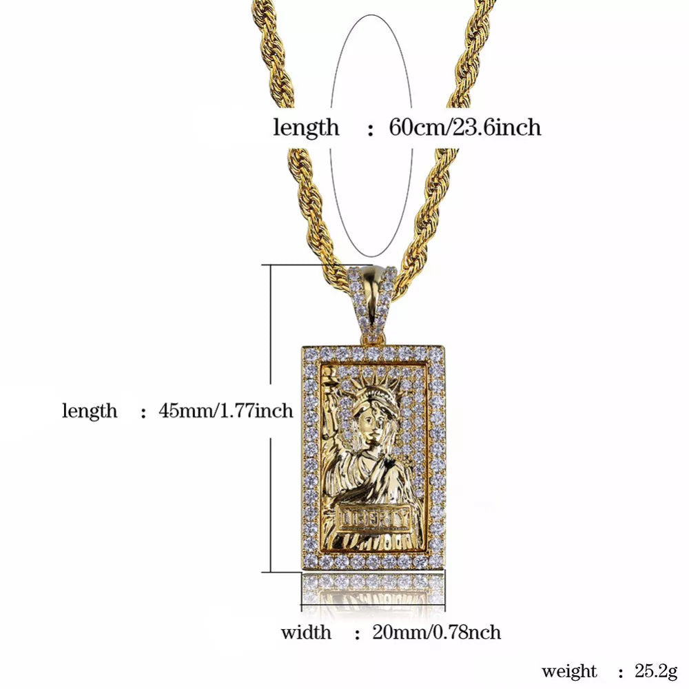 Bling Gold Statue of Liberty Pendant Necklace for Men – CZ Hip Hop Dog Tag