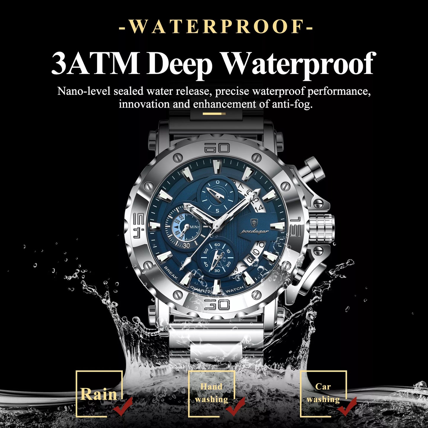Luxury Men’s Chronograph Watch with Calendar & Luminous Hands – Waterproof Steel