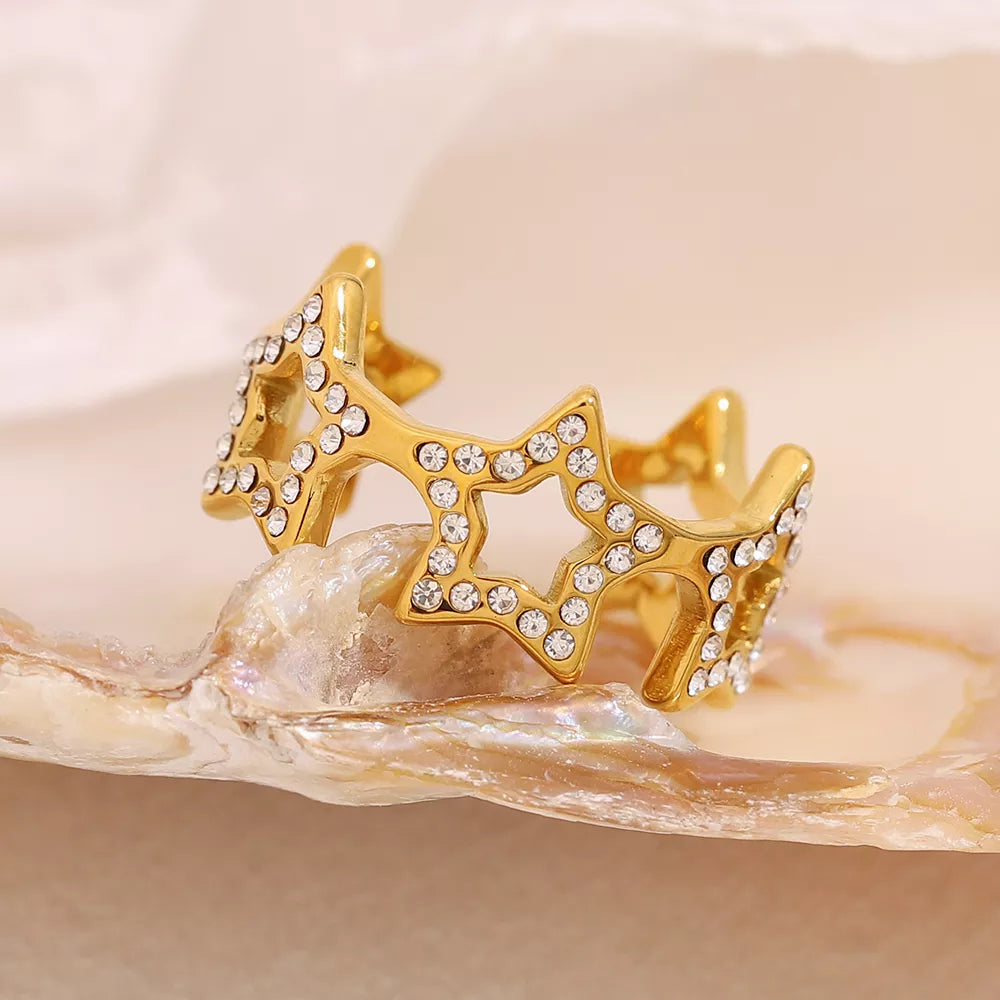 18k Gold Plated Hollow Star Rhinestone Ring for Women – Adjustable US 7