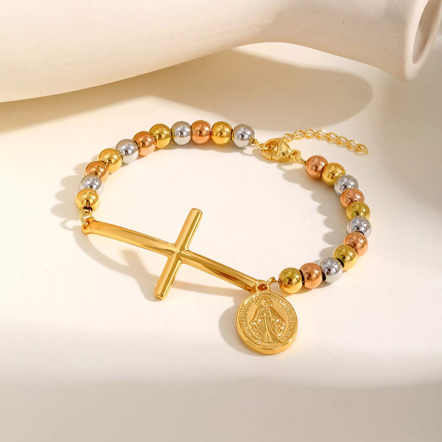 Elegant Cross St. Benedict Oval Beaded Chain Bracelet for Women