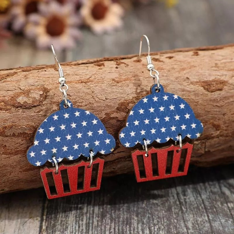 Patriotic Wooden Star Drop Earrings for Women – 4th of July Jewelry