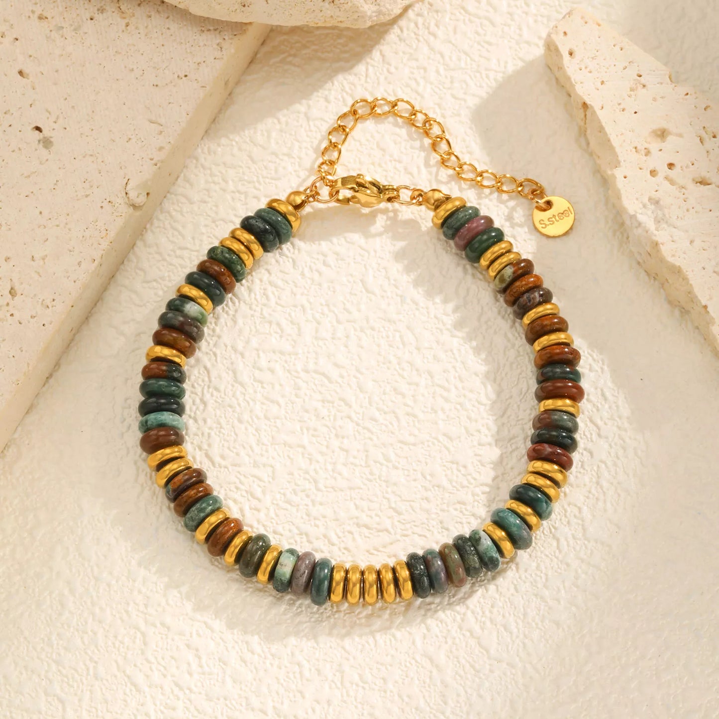 Colorful Natural Stone Bead Bracelet for Women – Stainless Steel Charm Jewelry