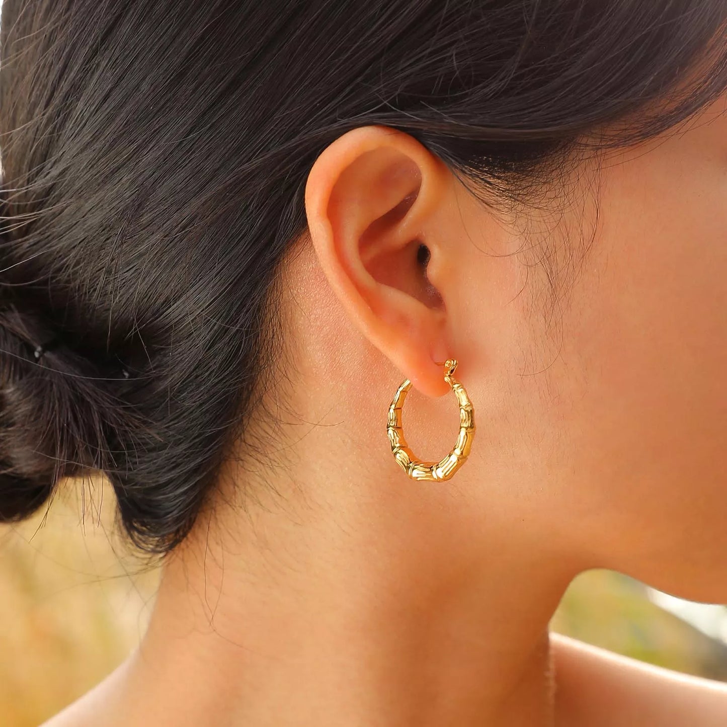 Gold Plated Bamboo Texture Hoop Earrings – Minimalist Hypoallergenic Huggies