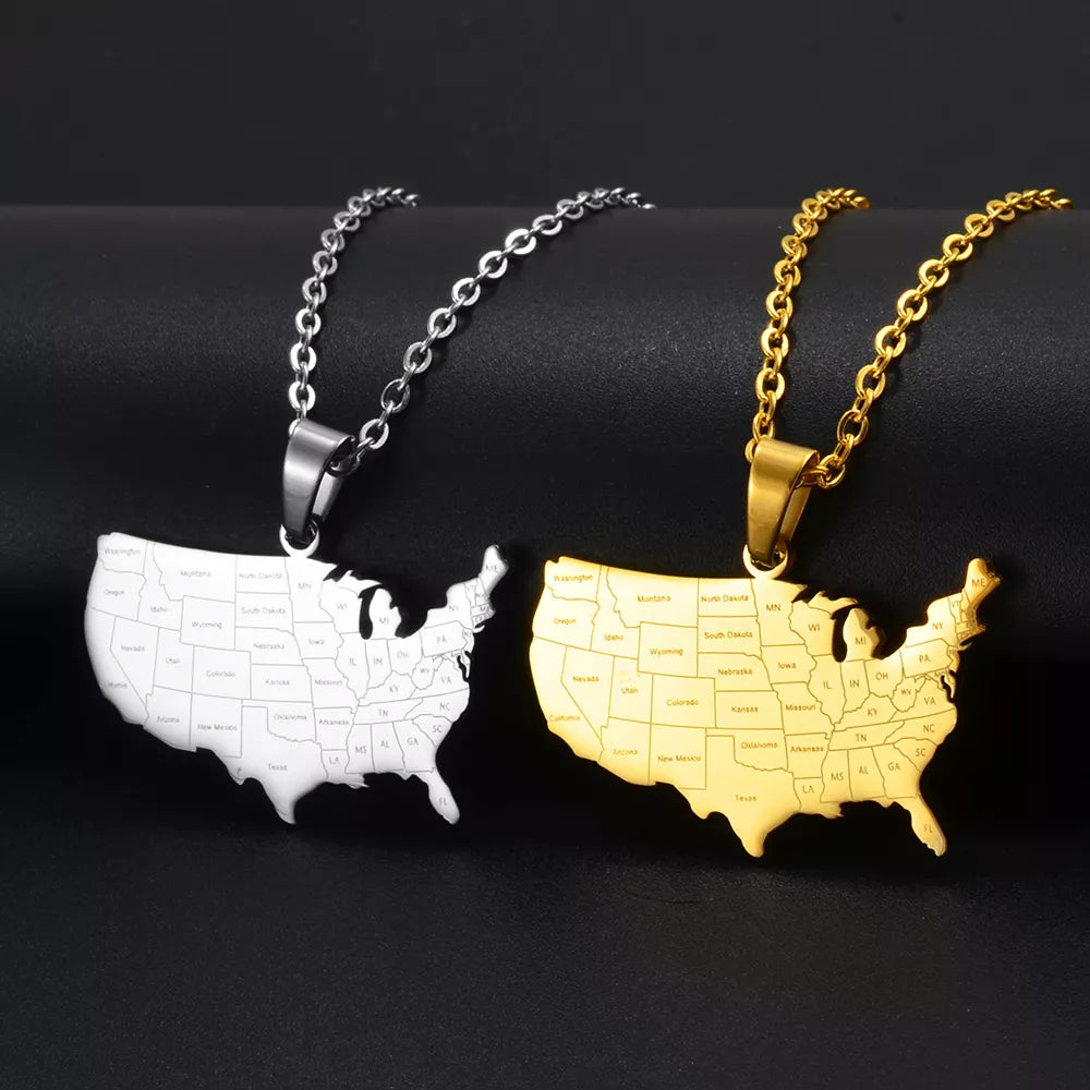 USA Map Pendant Necklace with State Names