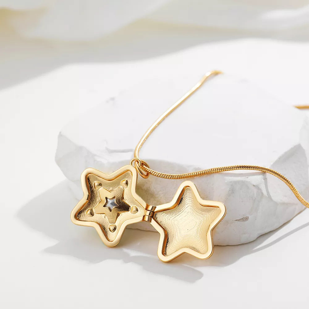 Green Star Crystal Locket Pendant Necklace with Enamel Photo Frame Design