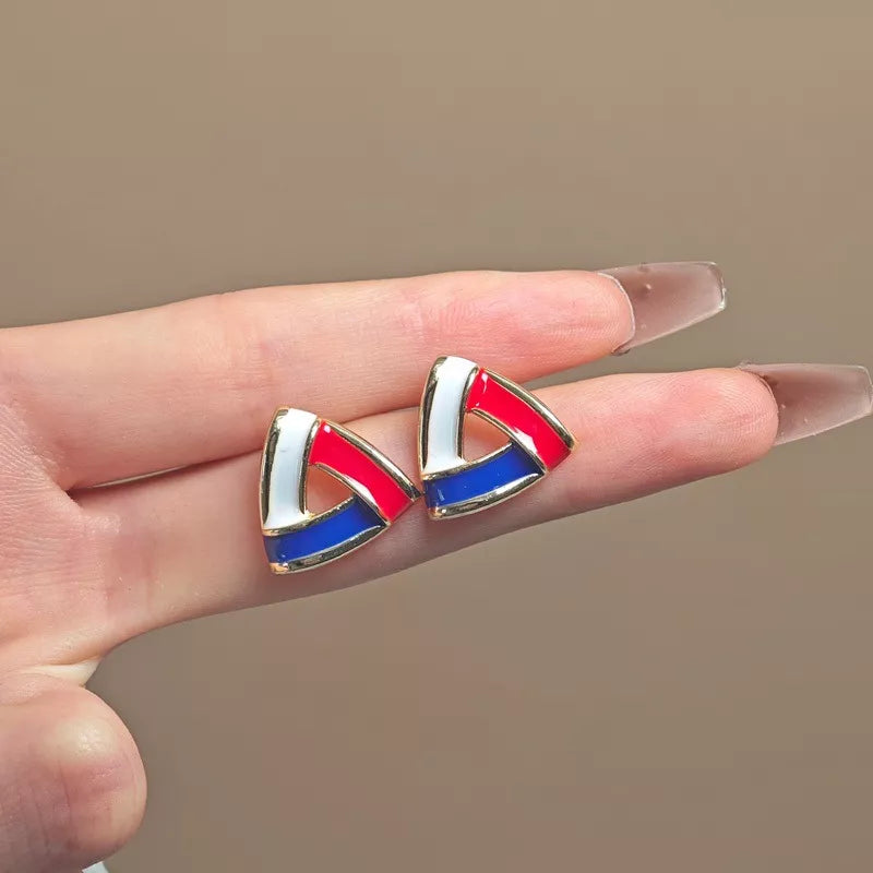 Patriotic Triangle Enamel Stud Earrings – Bold Geometric Fashion Jewelry