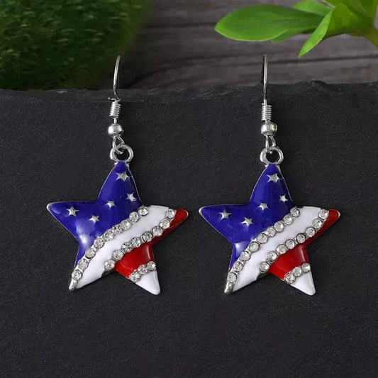 4th of July Star Dangle Earrings – Red, White & Blue Patriotic Drop Jewelry