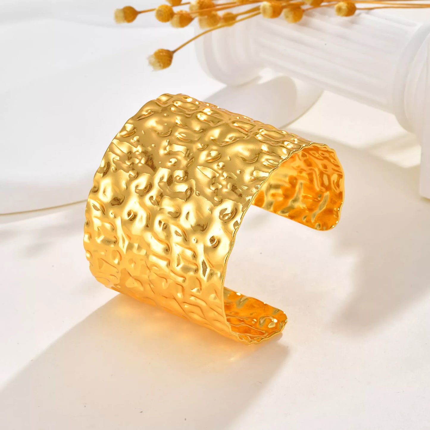 Gold Hammered Open Cuff Bracelet for Women – Wide Retro Stainless Steel Bangle