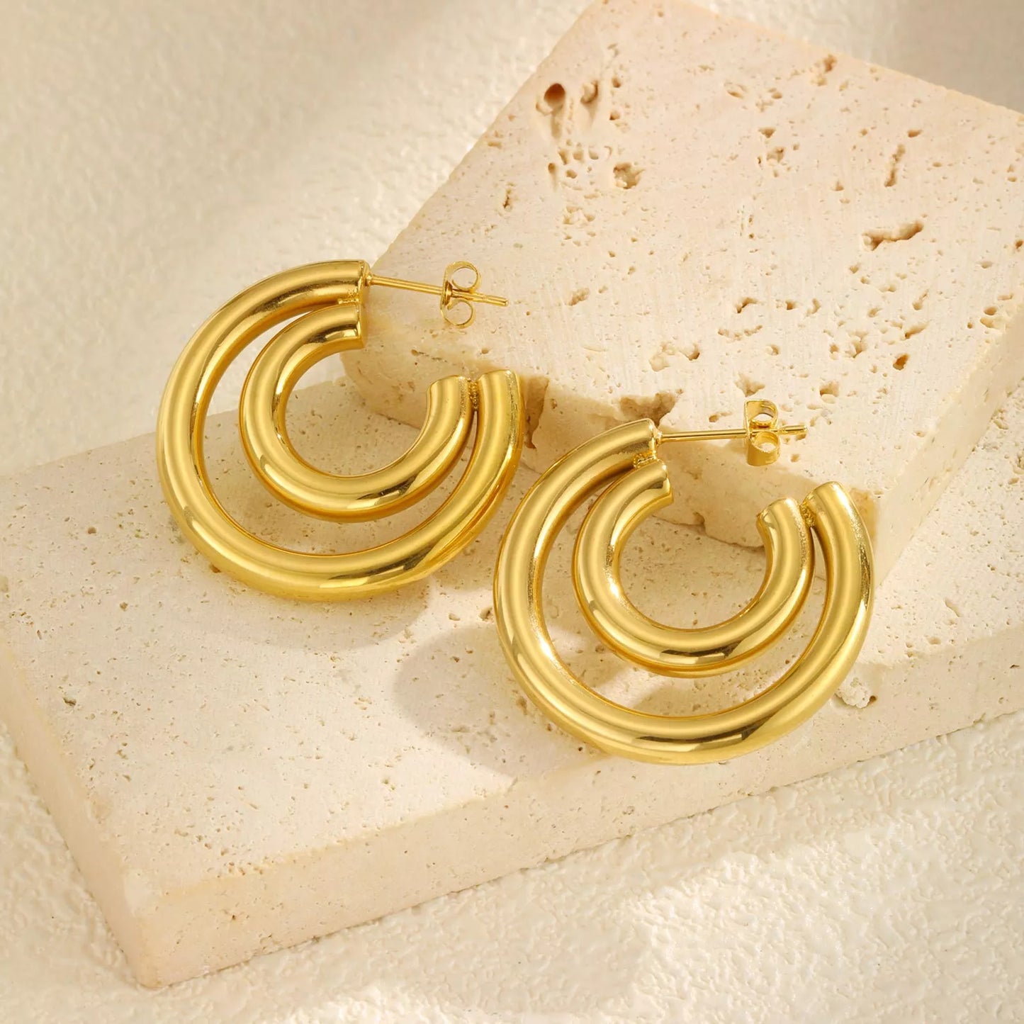 Gold Plated C-Shaped Hoop Earrings for Women – Double Round Stainless Steel