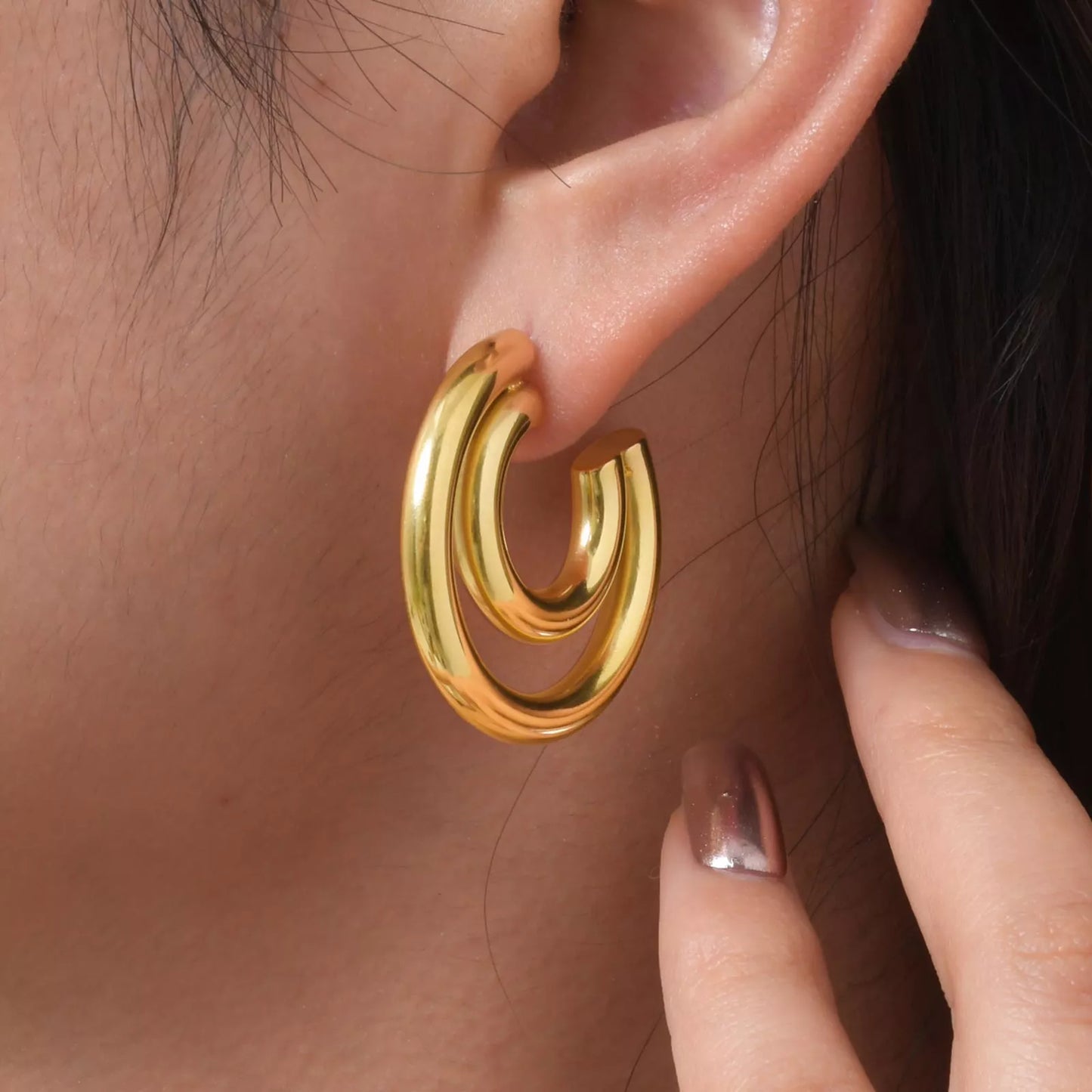 Gold Plated C-Shaped Hoop Earrings for Women – Double Round Stainless Steel