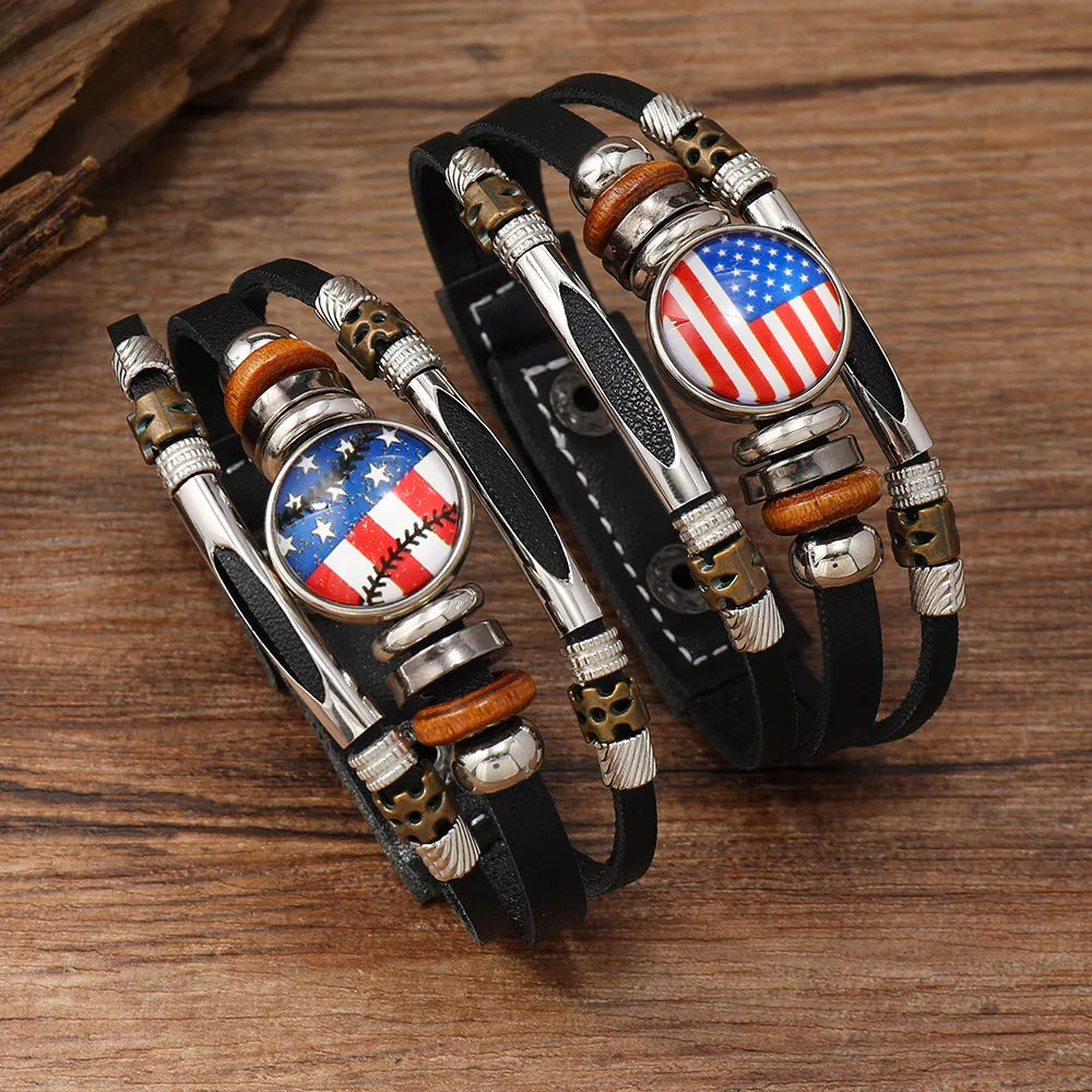 USA Flag Leather & Beaded Multilayer Bracelet for Women – Retro Classic Style