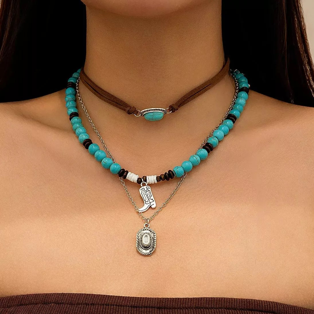 3-Piece Boho Stone & Wood Pendant Necklace Set with Cowboy Hat & Shoe Charms