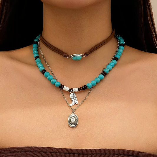 3-Piece Boho Stone & Wood Pendant Necklace Set with Cowboy Hat & Shoe Charms