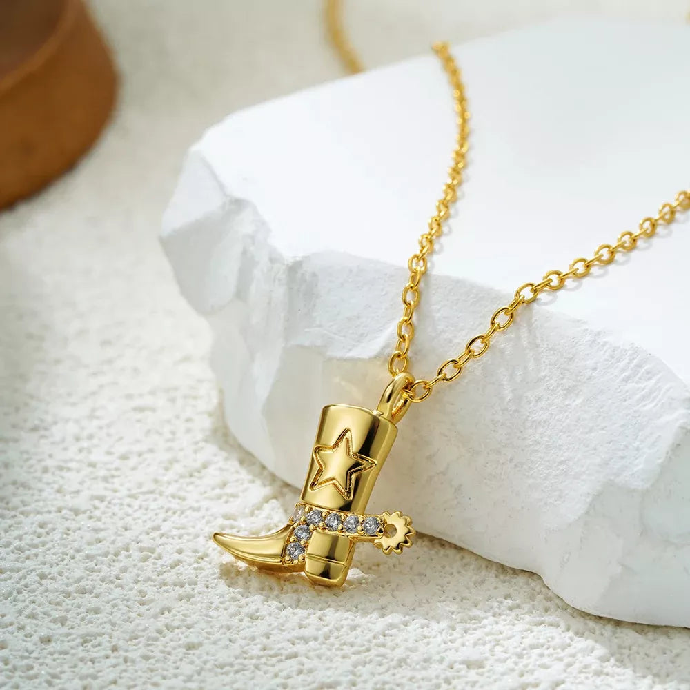 Gold Plated CZ Zircon Cowboy Boots Pendant Necklace for Women