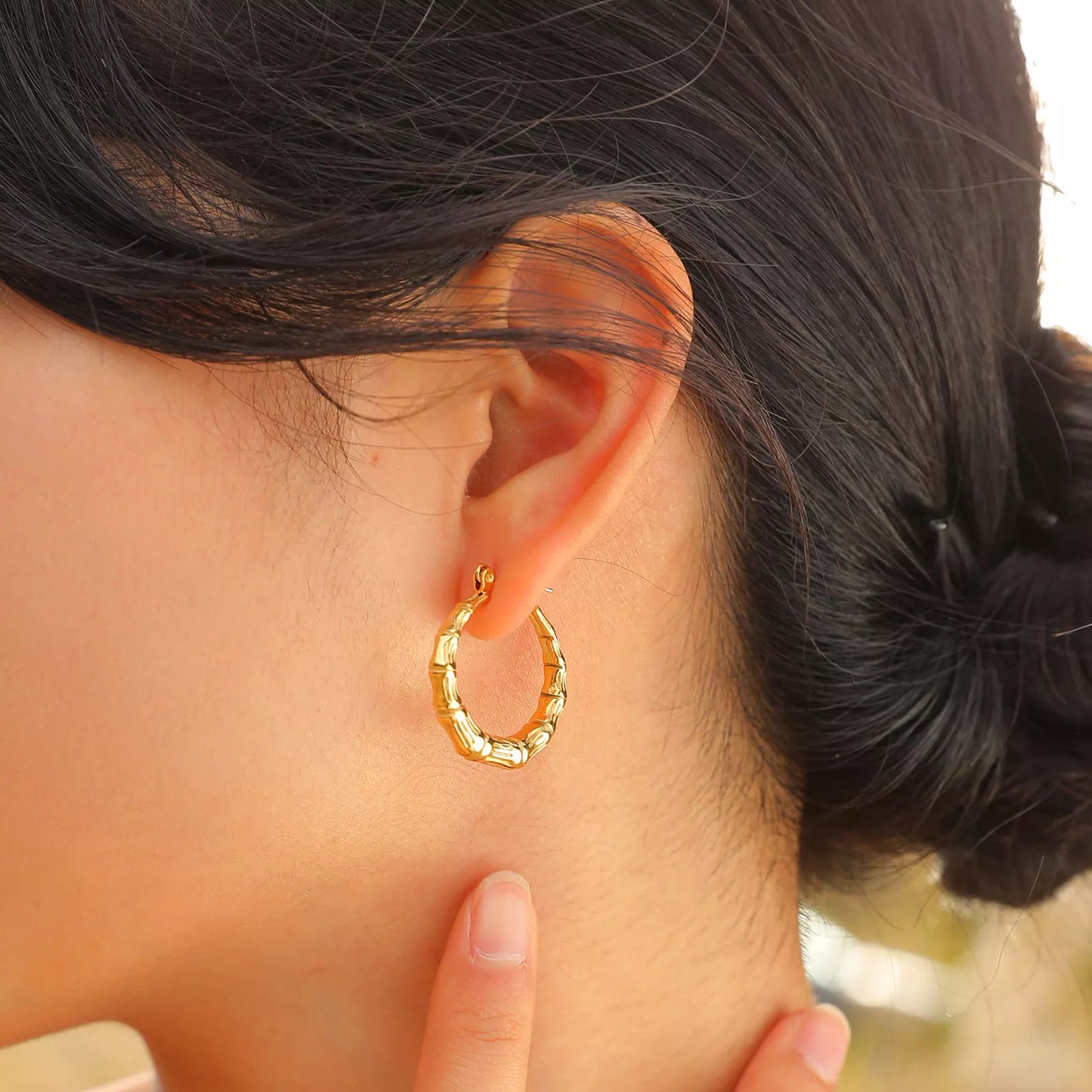 Gold Plated Bamboo Texture Hoop Earrings – Minimalist Hypoallergenic Huggies