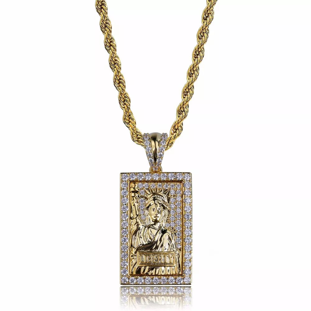 Bling Gold Statue of Liberty Pendant Necklace for Men – CZ Hip Hop Dog Tag
