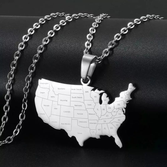 USA Map Pendant Necklace with State Names