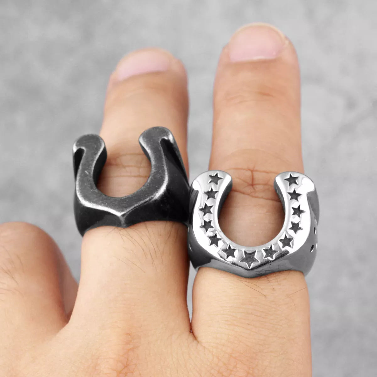 Men’s U-Shaped Horseshoe Punk Ring – Black Stainless Steel Retro Style