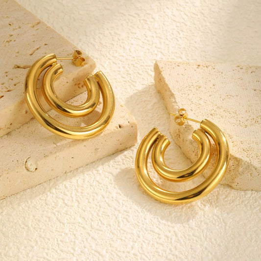 Gold Plated C-Shaped Hoop Earrings for Women – Double Round Stainless Steel