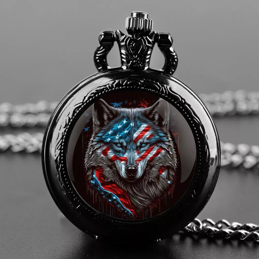 Vintage Wolf Flag Quartz Pocket Watch Pendant Necklace for Men & Women