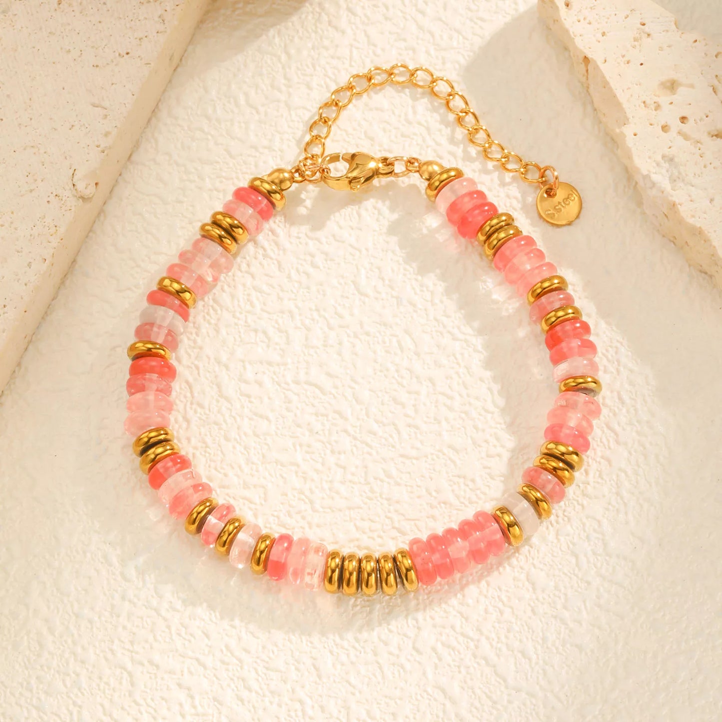 Colorful Natural Stone Bead Bracelet for Women – Stainless Steel Charm Jewelry