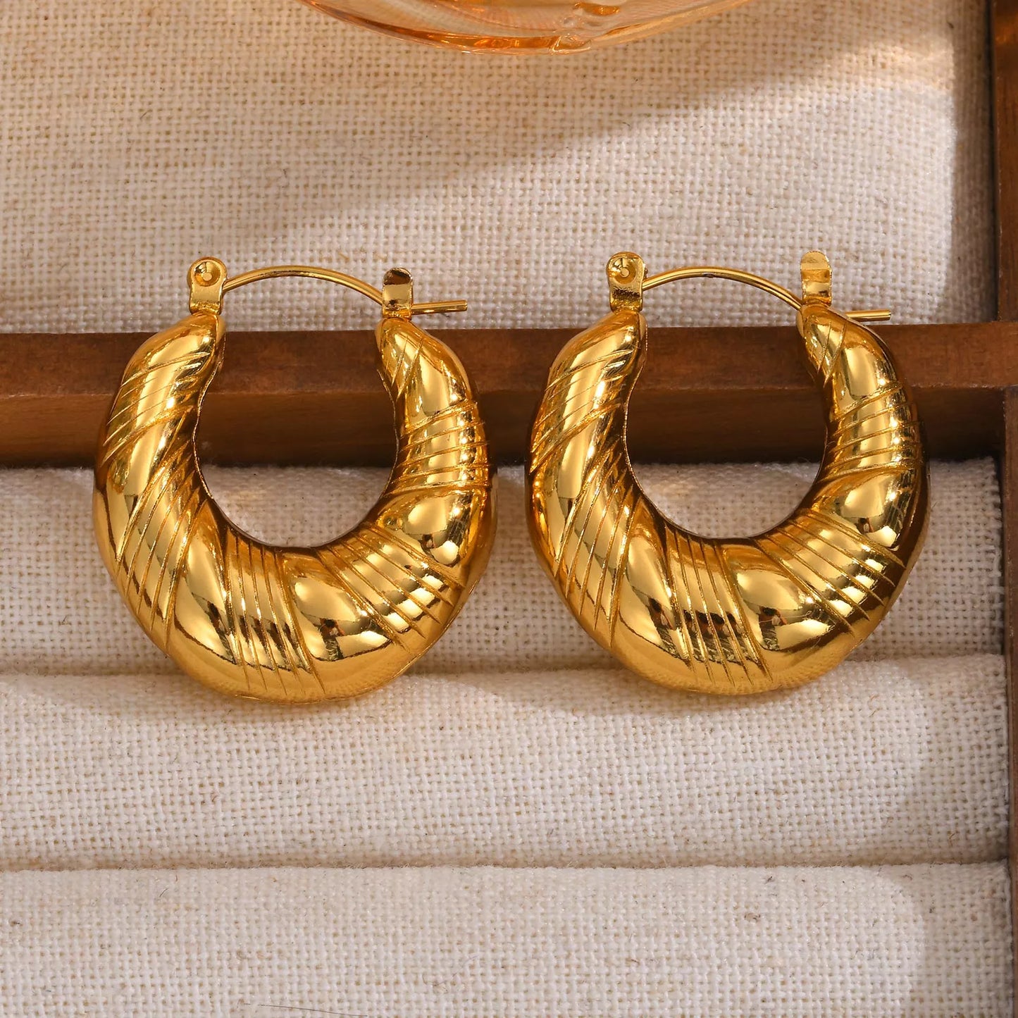 18K Gold Plated C-Shaped Vintage Stainless Steel Earrings for Women
