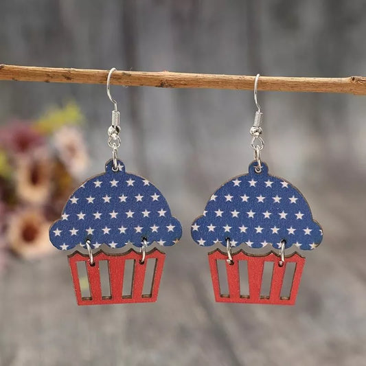 Patriotic Wooden Star Drop Earrings for Women – 4th of July Jewelry