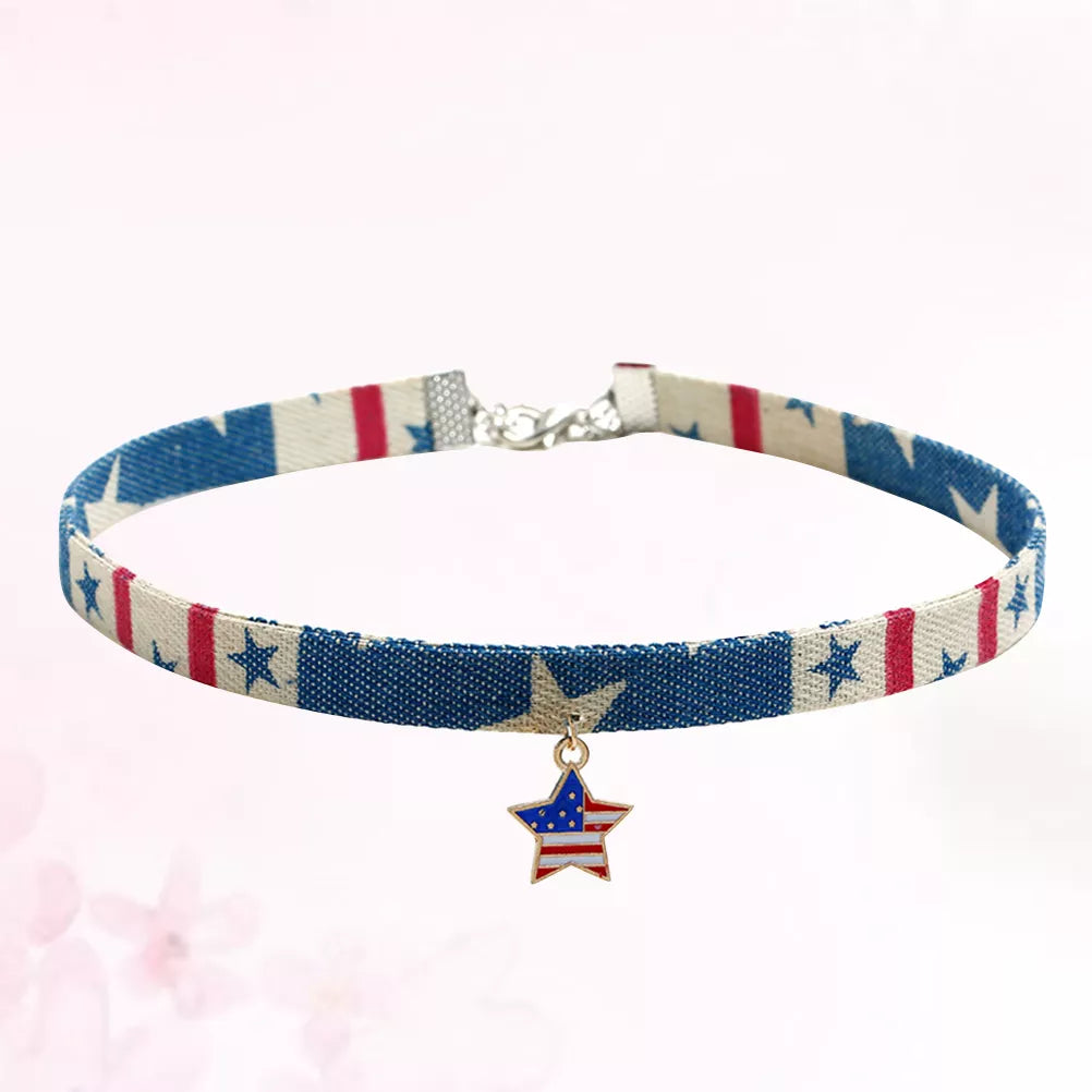 Patriotic Star American Flag Denim Choker Necklace – July 4th Fashion Accessory