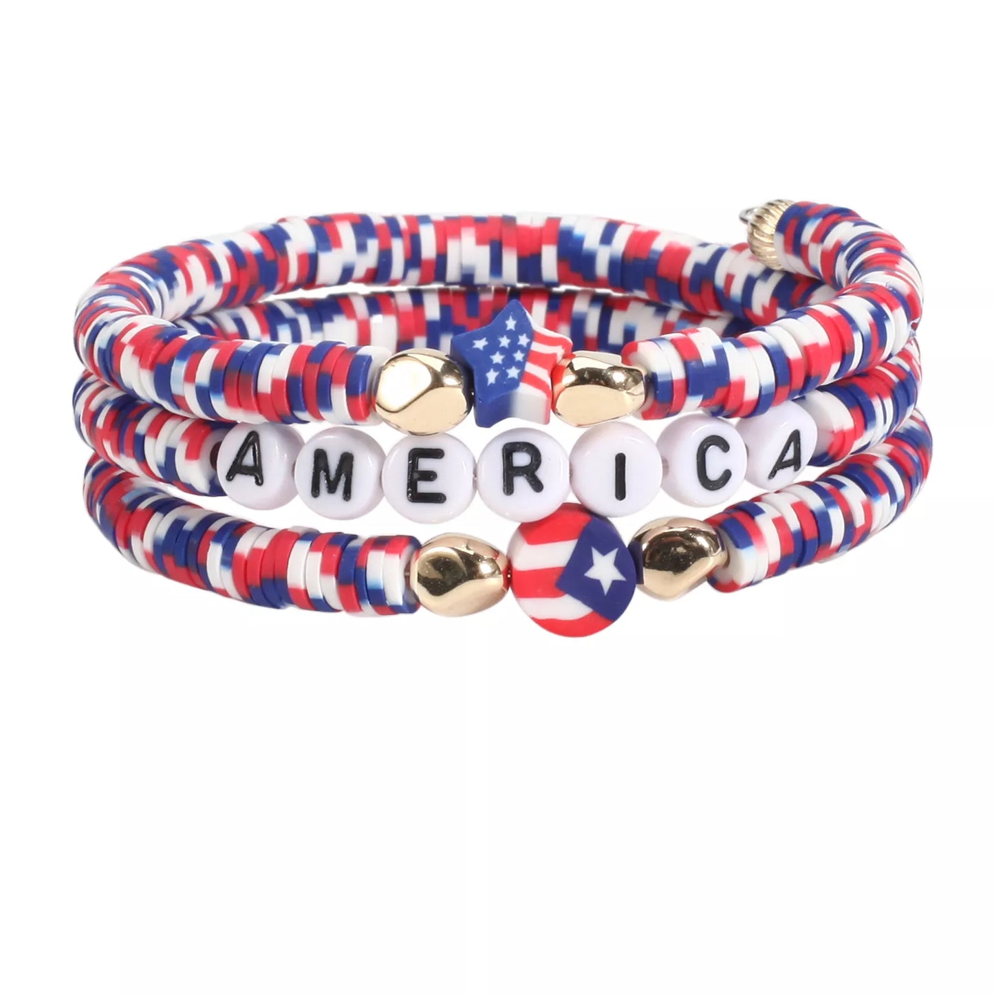 4th of July Patriotic Beaded Stretch Bracelet with American Flag Charm