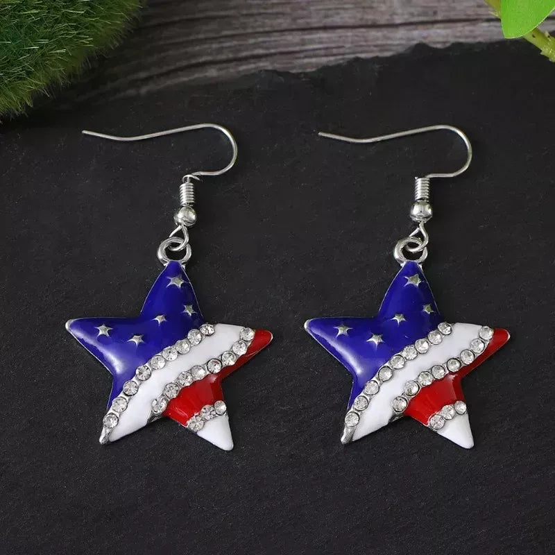 4th of July Star Dangle Earrings – Red, White & Blue Patriotic Drop Jewelry