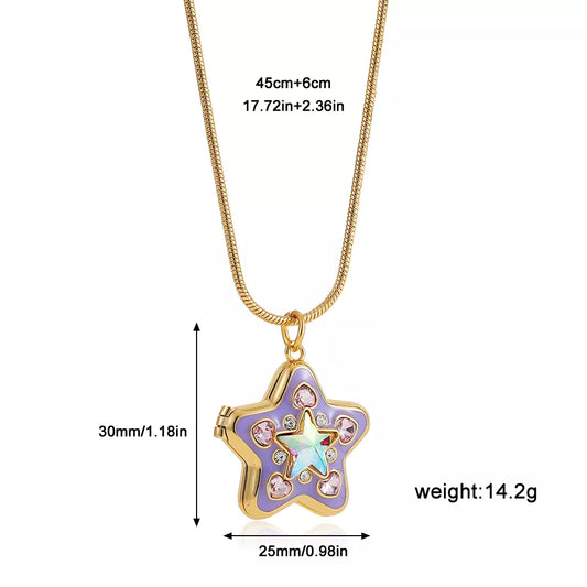 Green Star Crystal Locket Pendant Necklace with Enamel Photo Frame Design
