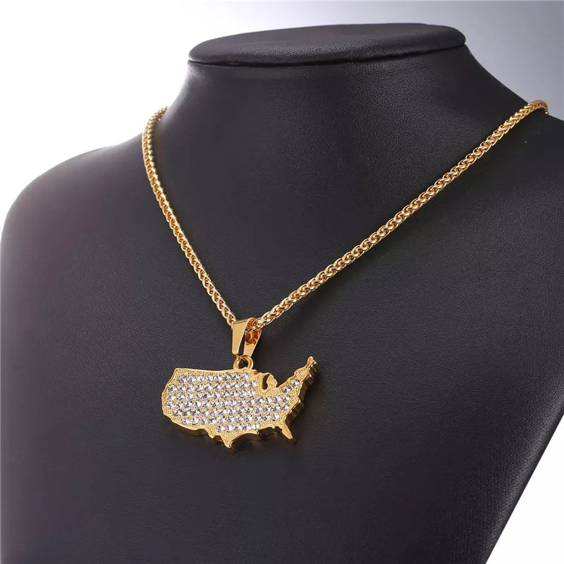 USA Map Pendant Necklace with Rhinestone CZ