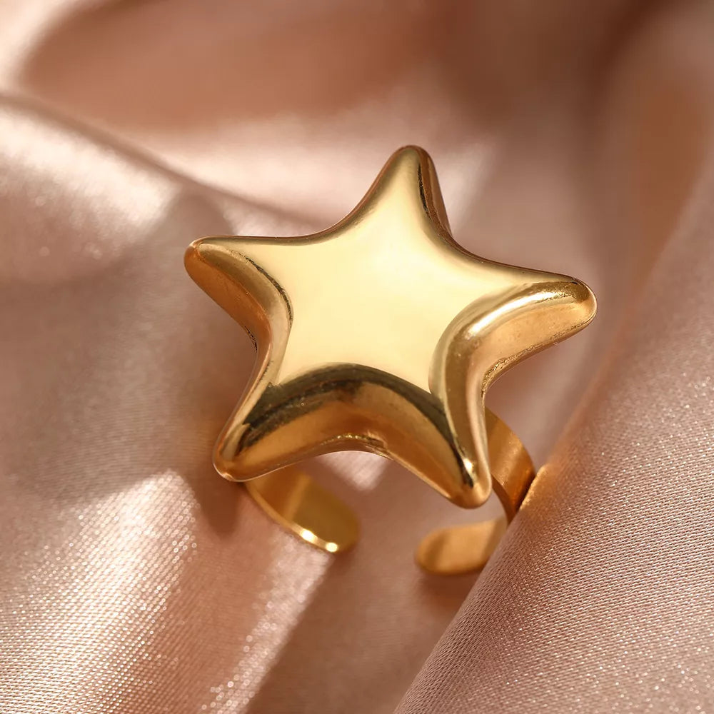 Elegant Starburst Gold-Plated Stainless Steel Open Ring for Women