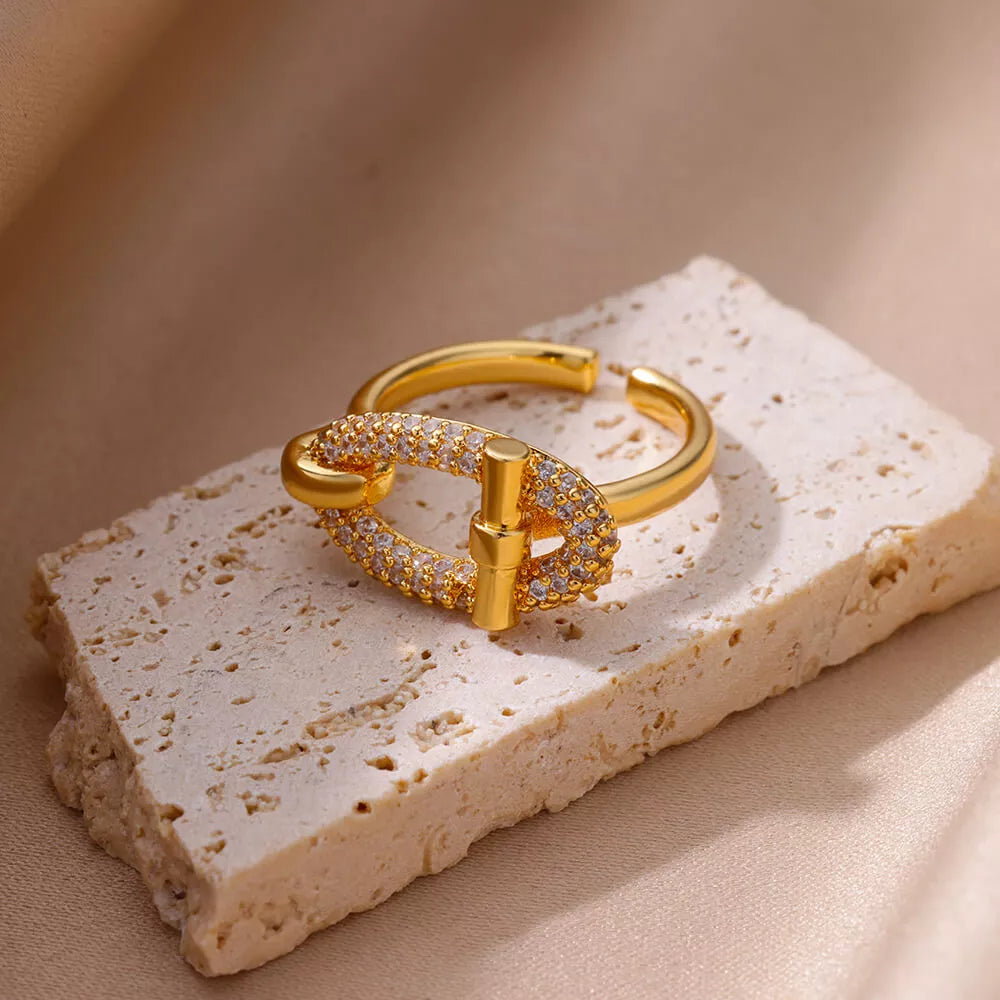 Gold Oval Zircon Open Ring for Women