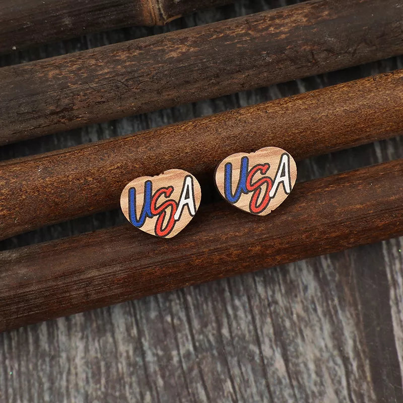Patriotic USA Flag Wooden Heart Earrings