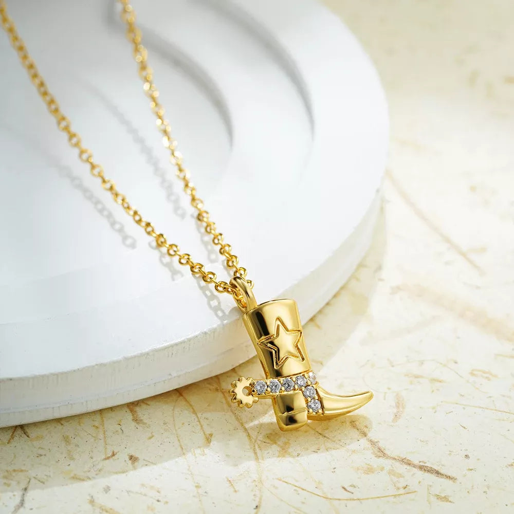 Gold Plated CZ Zircon Cowboy Boots Pendant Necklace for Women