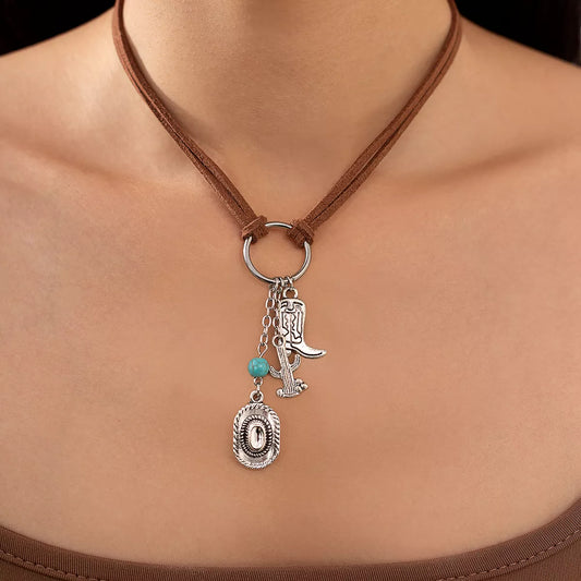Vintage Western Charm Pendant Necklace with Velvet Choker