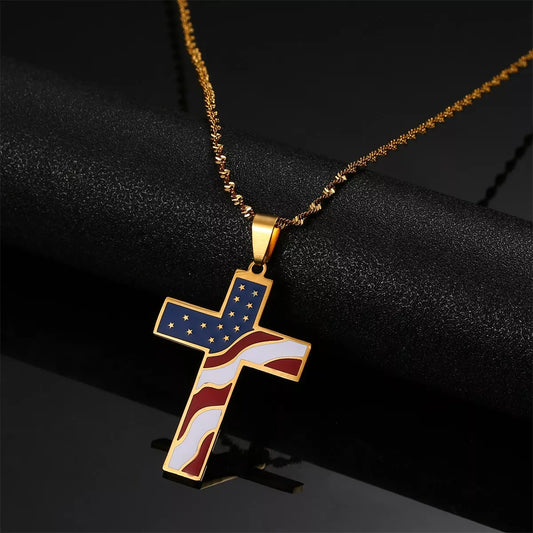 USA Flag Cross Pendant Necklace – Stainless Steel Patriotic Christian Jewelry