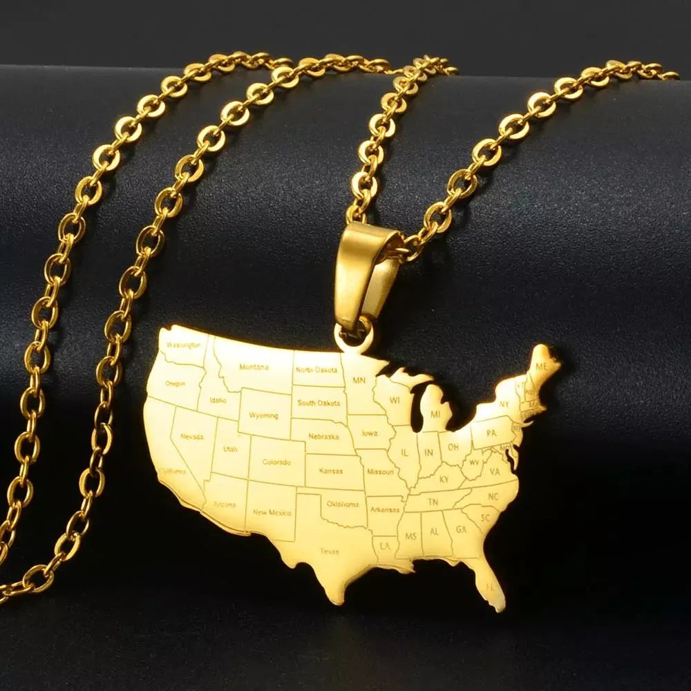 USA Map Pendant Necklace with State Names