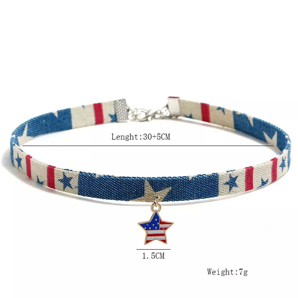 Patriotic Star American Flag Denim Choker Necklace – July 4th Fashion Accessory