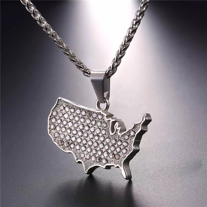 USA Map Pendant Necklace with Rhinestone CZ