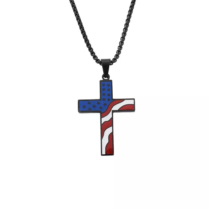 Patriotic American Flag Cross Pendant Necklace for 4th of July & Memorial Day