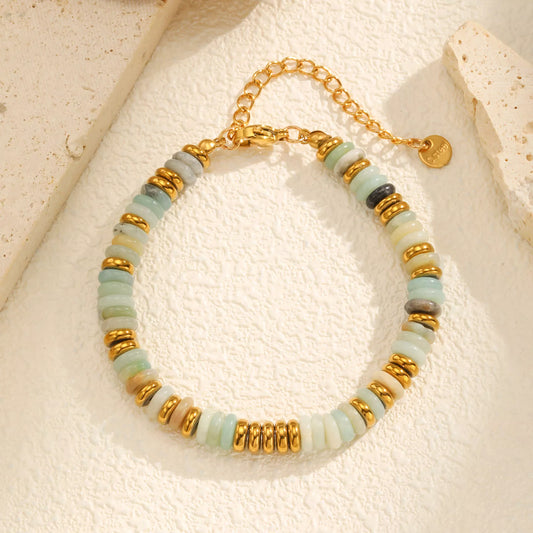 Colorful Natural Stone Bead Bracelet for Women – Stainless Steel Charm Jewelry
